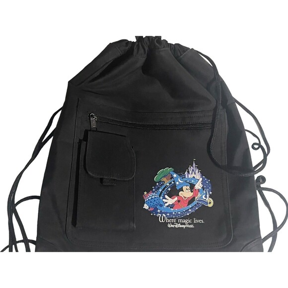 Walt Disney World Vintage Where Magic Lives Drawstring Black Backpack Cinch Bag - Picture 11 of 16
